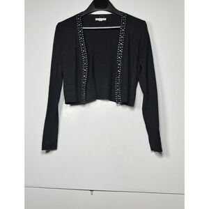 Cato Cardigan Sweater Womens L Black Cropped Tight Knit Rhinestone Warm Winter